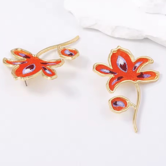 Zara! Floral Gold and Orange Statement Earrings - Picture 6 of 6